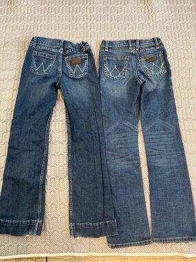 2 Wrangler Blue Denim Jeans with Pink & Yellow Stitching
